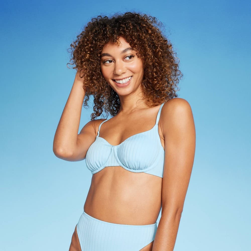 Women's Ribbed Underwire Bralette Bikini Top - Wild Fable™ Light Blue M - Thumbnail 2