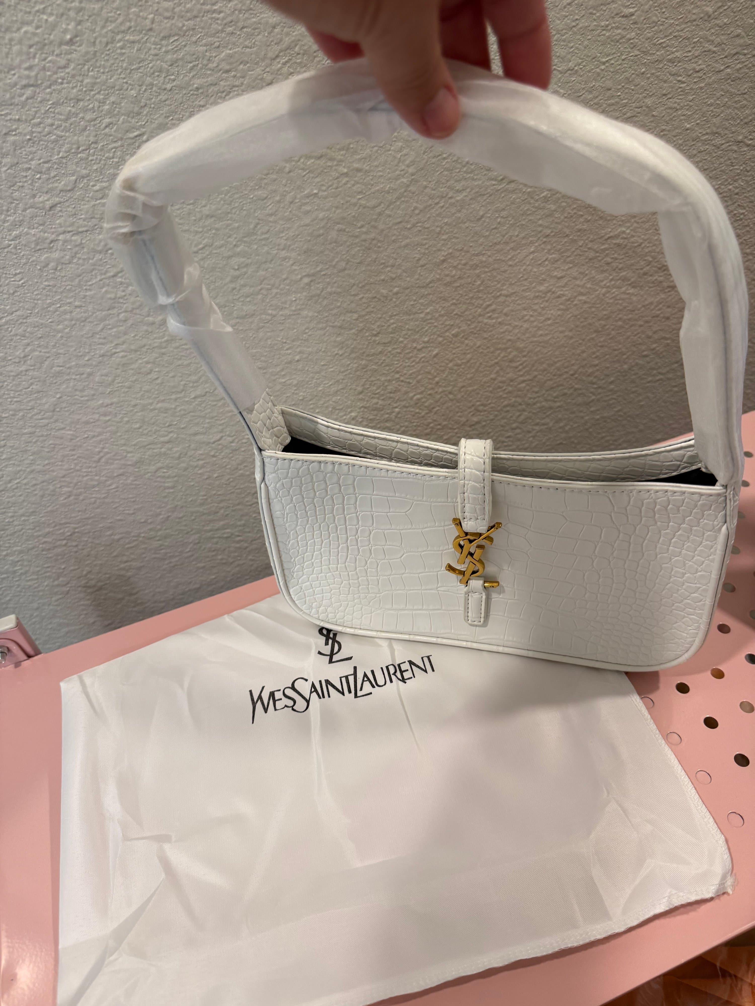 Yves Saint Laurent White Croc Embossed Shoulder Bag