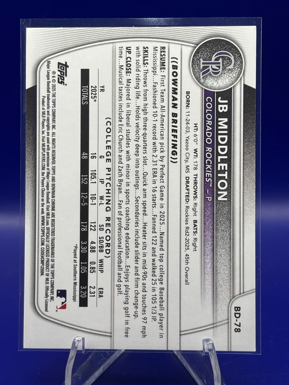 2025 Bowman Draft JB Middleton 1st Bowman Sky Blue Refractor #BD-78 /499 Rockies - Thumbnail 2