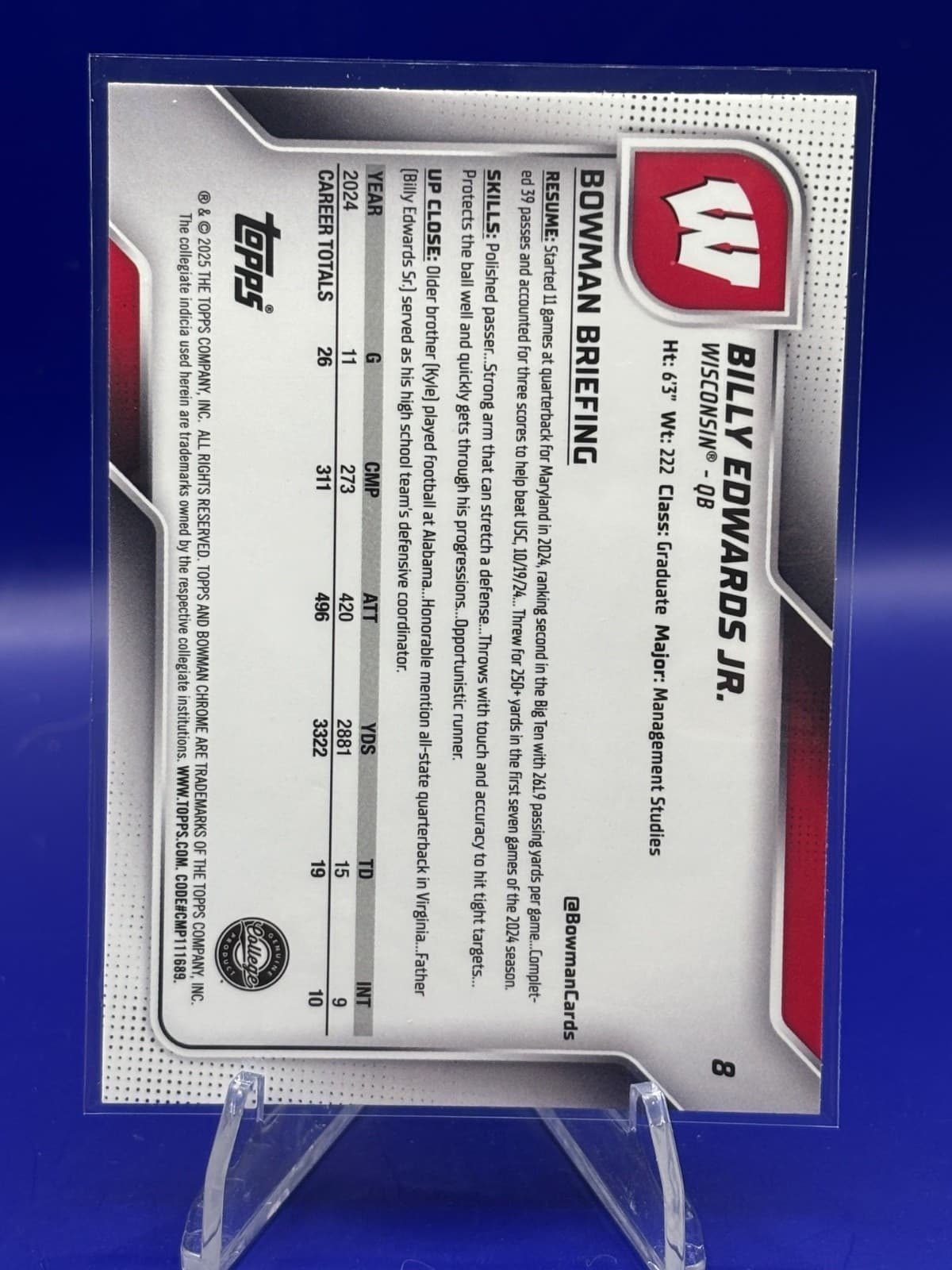2025 Bowman Chrome University Billy Edwards Jr QB 1st Bowman Wisconsin RC - Thumbnail 2