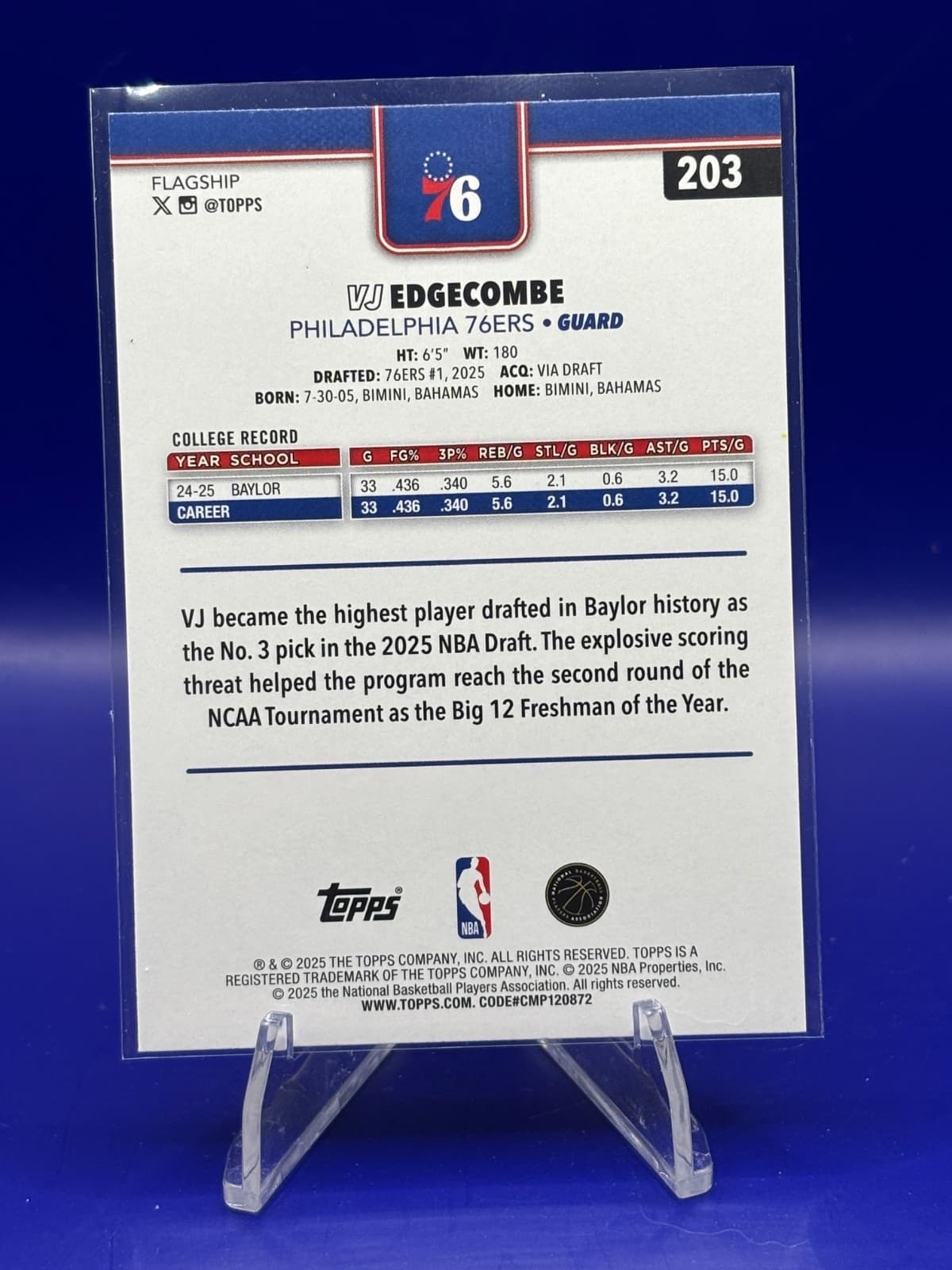 2025 Topps Flagship VJ Edgecombe RC Rookie #203 Philadelphia 76ers Basketball - Thumbnail 2