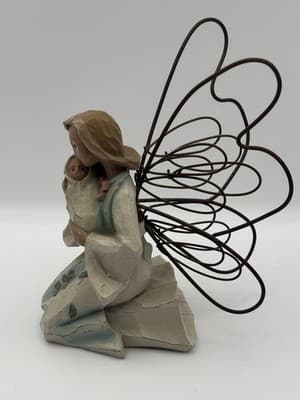 Rustic Kneeling Angel Fairy Cradling Baby Resin Wire Wings Folk Art Mother's Day - Thumbnail 6