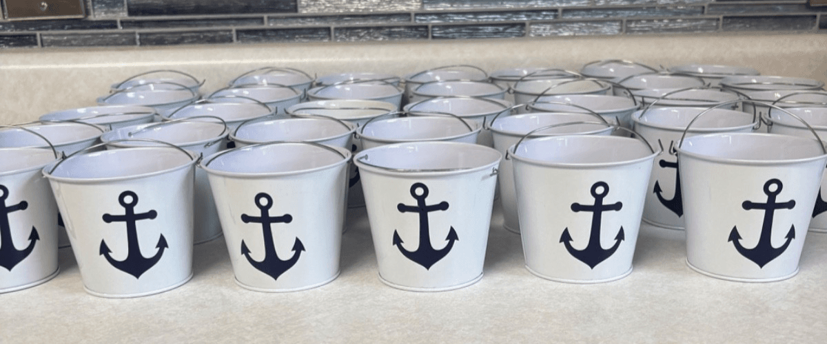 Lot 34 Mini White Metal Pails Buckets w/ Handles/Anchor Vinyl- Wedding favors! - Thumbnail 3