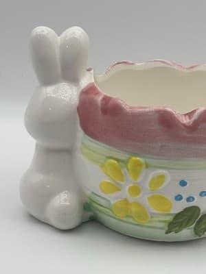 Easter Bunny Rabbit Holding Planter Candy Dish Ceramic Made In Taiwan - Thumbnail 6