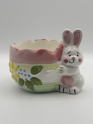 Easter Bunny Rabbit Holding Planter Candy Dish Ceramic Made In Taiwan - Thumbnail 2