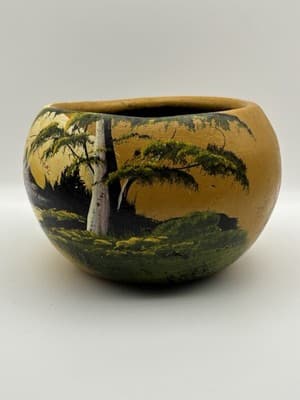 Vintage Hand Painted Gourd Bowl Flowers Mexican Folk Art Scenic Background - Thumbnail 2