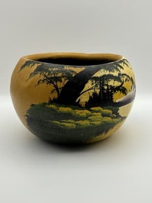 Vintage Hand Painted Gourd Bowl Flowers Mexican Folk Art Scenic Background - Thumbnail 3