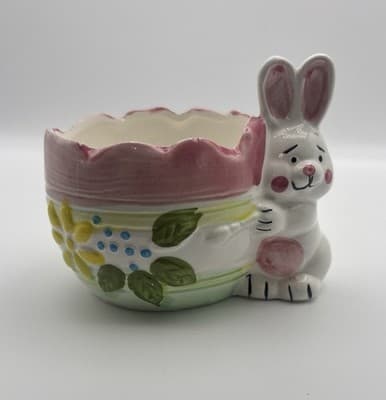 Easter Bunny Rabbit Holding Planter Candy Dish Ceramic Made In Taiwan - Thumbnail 4