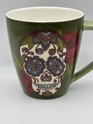 Artisan Sugar Skull Café Coffee Mug Green Multi Day of Dead by Lang 17 oz, Ceram - Thumbnail 2