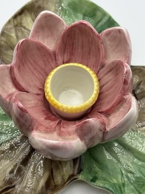 Fitz & Floyd Lotus Flower Candle Holder Pink Green Floral Japan Ceramic - Thumbnail 3