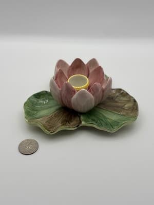Fitz & Floyd Lotus Flower Candle Holder Pink Green Floral Japan Ceramic - Thumbnail 2