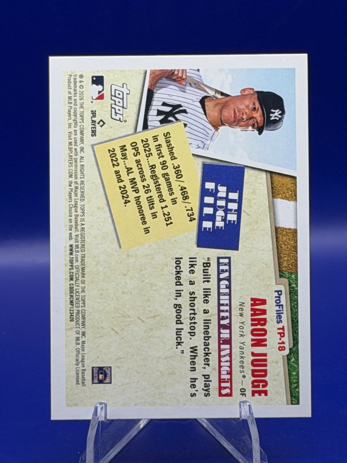 2026 Topps Series 1 Profiles #TP-18 Aaron Judge New York Yankees Insert - Thumbnail 2