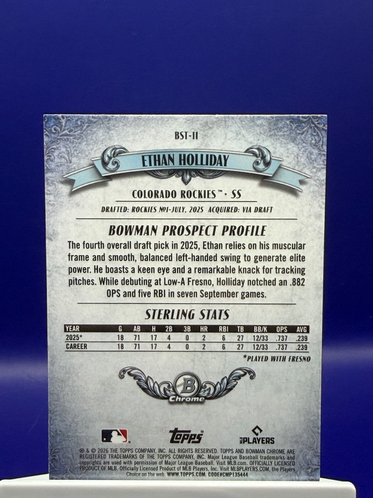2026 Topps Bowman Sterling Ethan Holliday #BST-11 Chrome Prospect Rockies MLB - Thumbnail 2