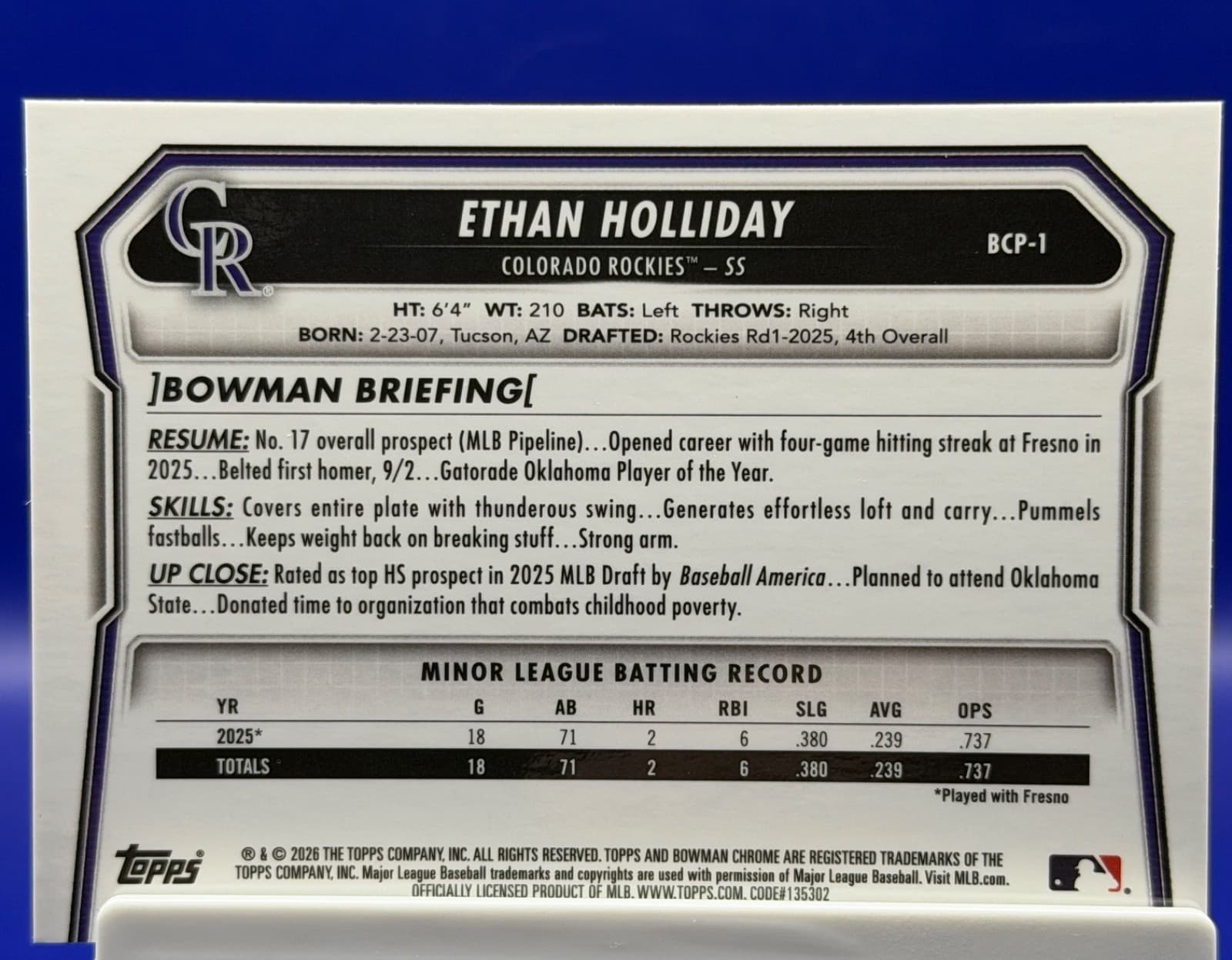 2026 Bowman Chrome Ethan Holliday 1st Bowman BCP-1 Rockies Prospect - Thumbnail 2