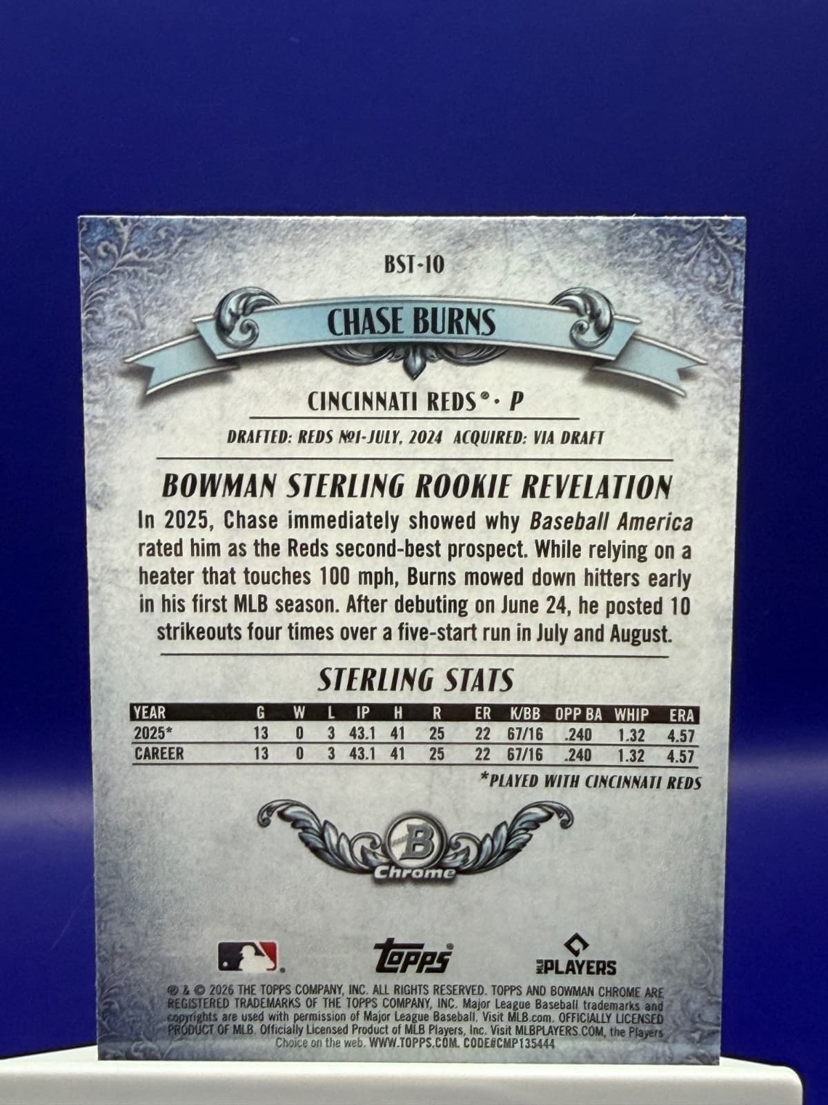 CHASE BURNS 2026 Bowman Sterling Bowman Sterling #BST-10 Reds RC - Thumbnail 2