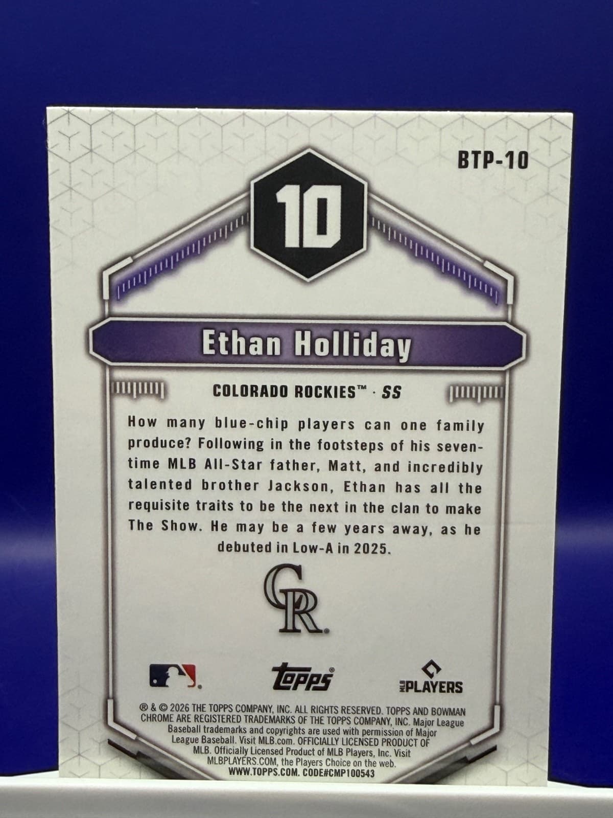 2026 Bowman Chrome Ethan Holliday #BTP-10 Top 100 Prospects Colorado Rockies - Thumbnail 2