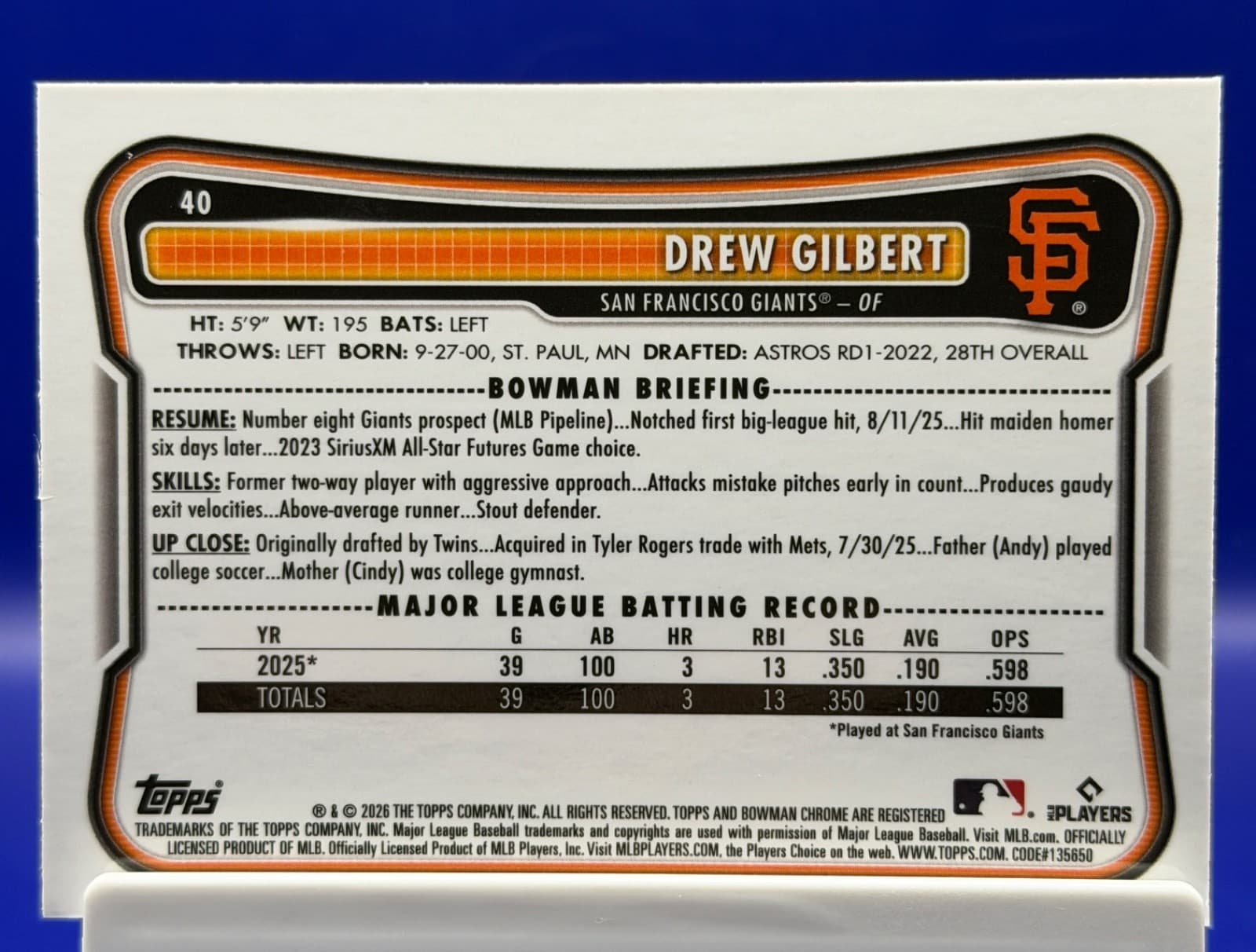 2026 Bowman Chrome Drew Gilbert RC #40 Refractor Giants Red Logo Variation - Thumbnail 2