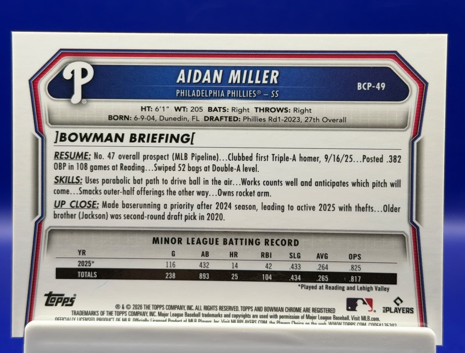 Aidan Miller Reptilian Refractor #BCP-49 2026 Bowman Chrome Prospect Phillies - Thumbnail 2