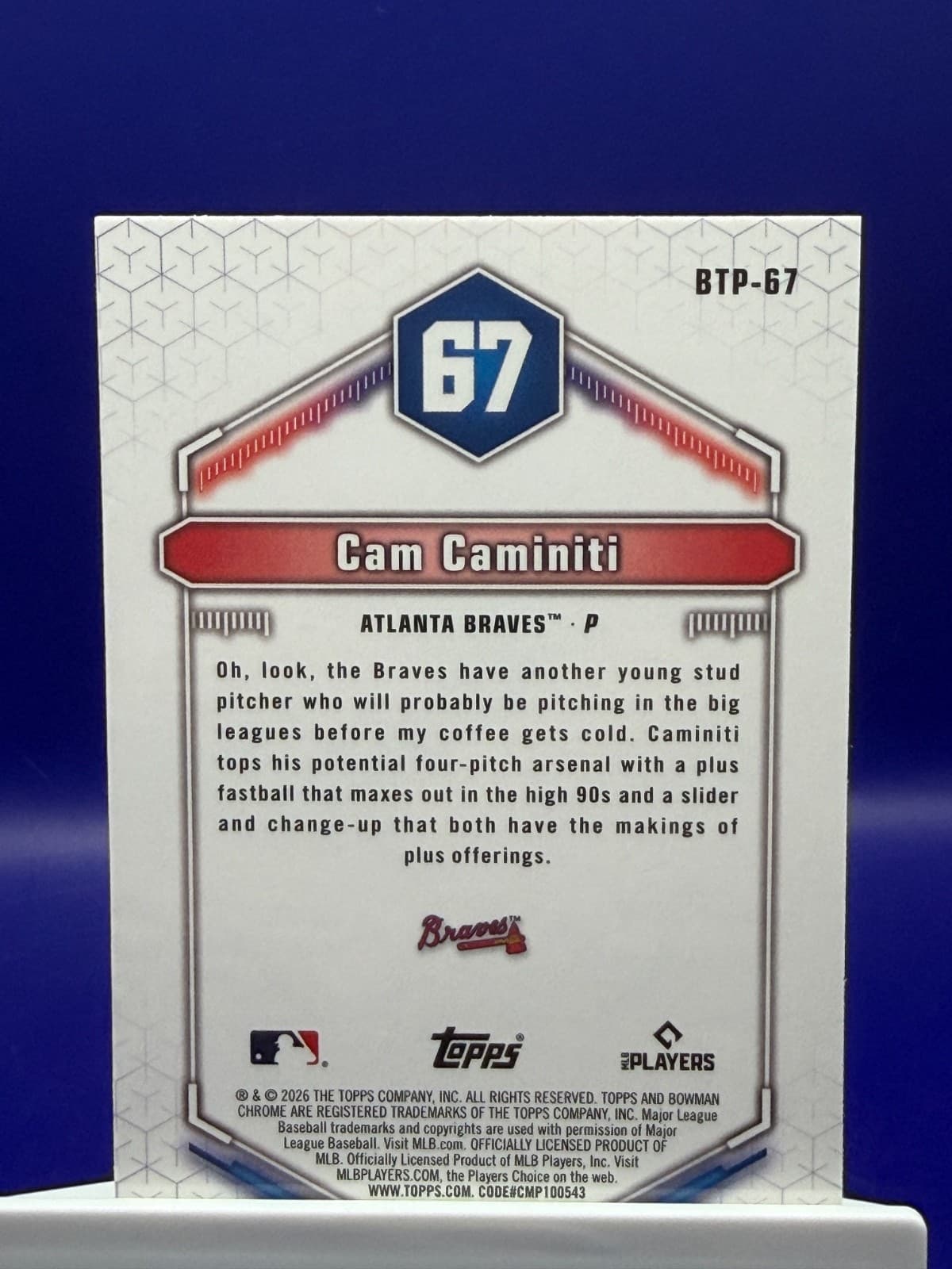 2026 Bowman Chrome Cam Caminiti Scouts Top 100 #BTP-67 Braves Prospect - Thumbnail 2