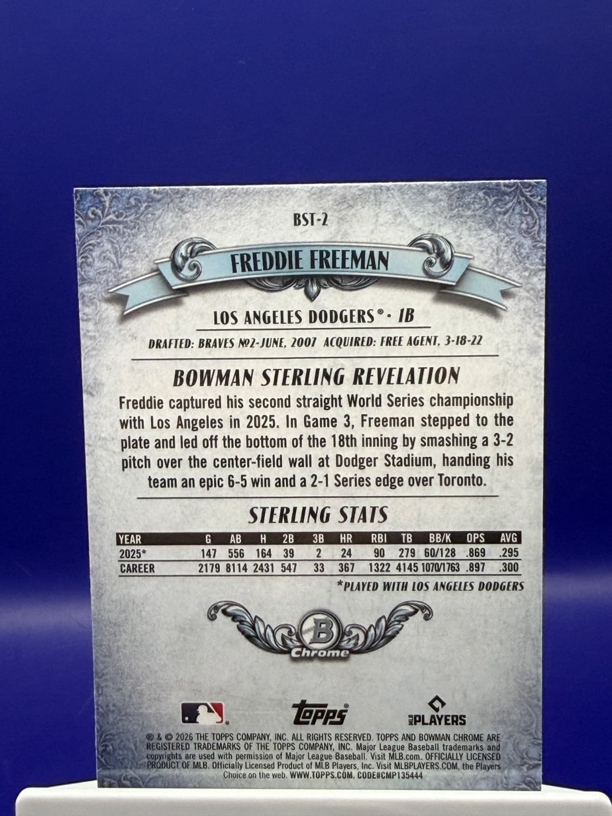 2026 Bowman Chrome Freddie Freeman Bowman Sterling #BST-2 Dodgers MLB - Thumbnail 2