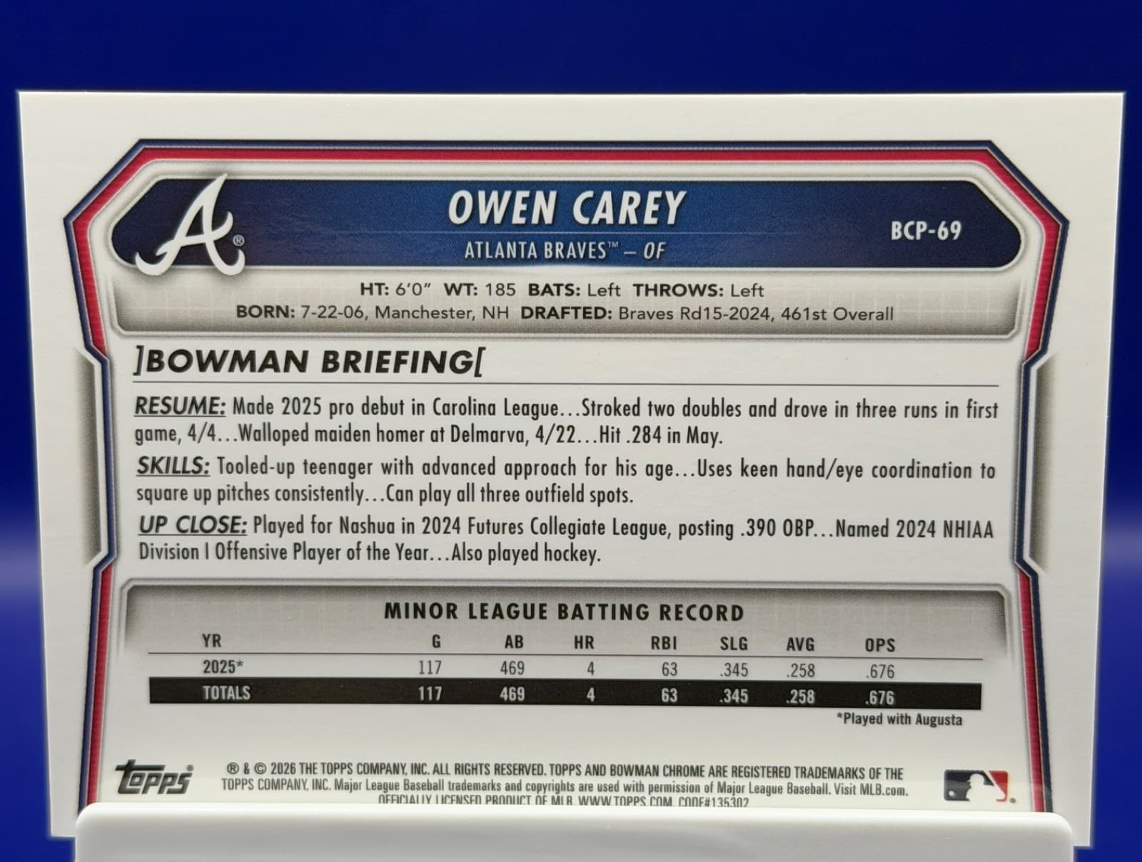 2026 Bowman Chrome Owen Carey Reptilian Refractor 1st #BCP-69 BRAVES - Thumbnail 2