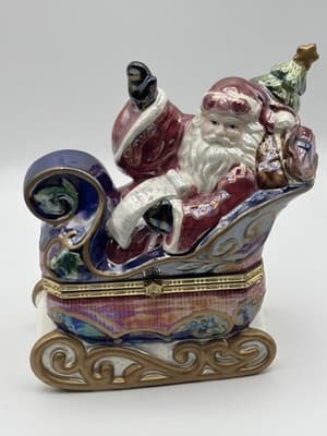 Vintage Avon Santa Sleigh Sled Porcelain Trinket Box Christmas 6.5” 5.5” (2002) - Thumbnail 2