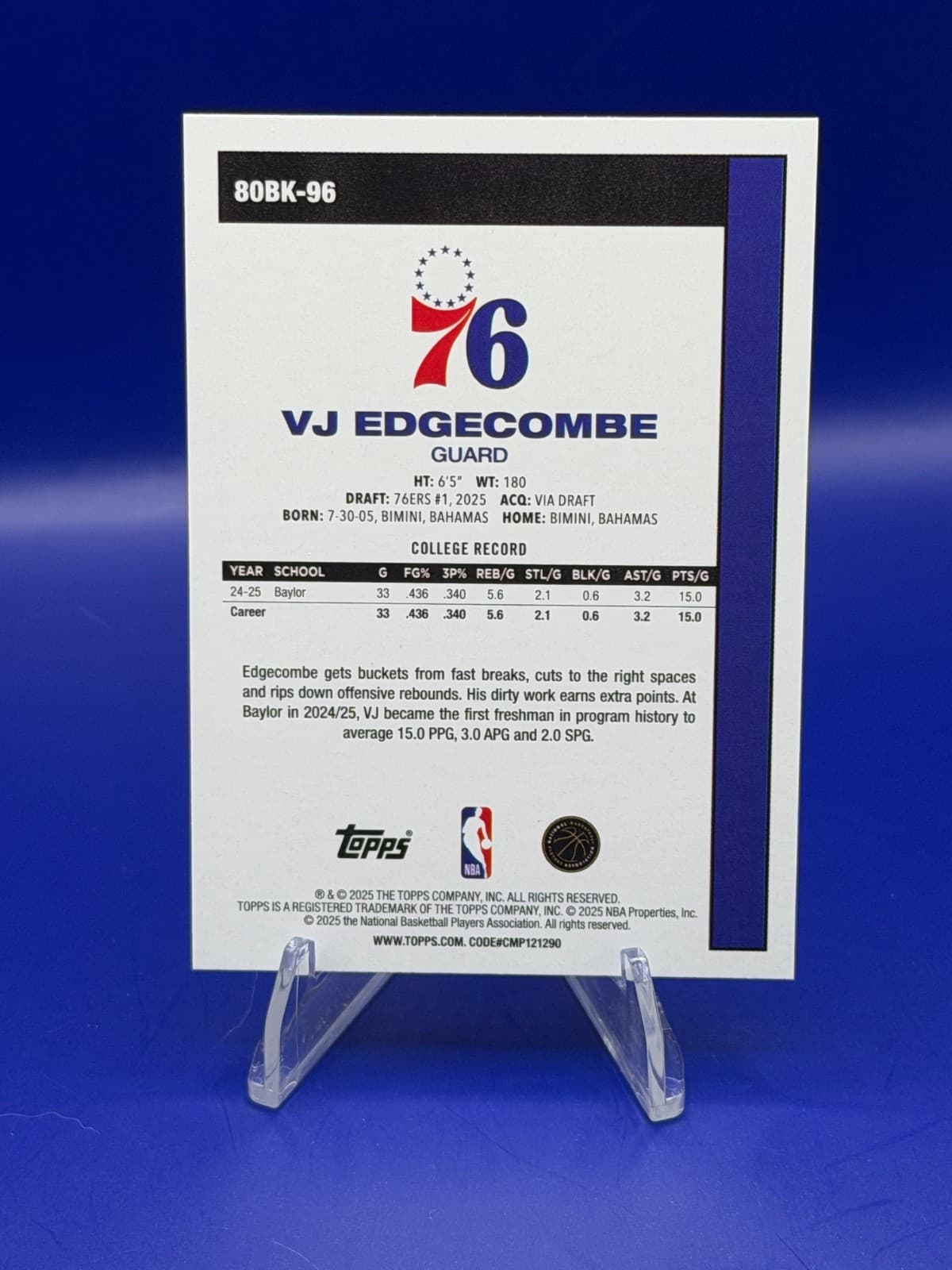 2025 Topps Basketball VJ Edgecombe 1980 RC #80BK-96 Philadelphia 76ers - Thumbnail 2