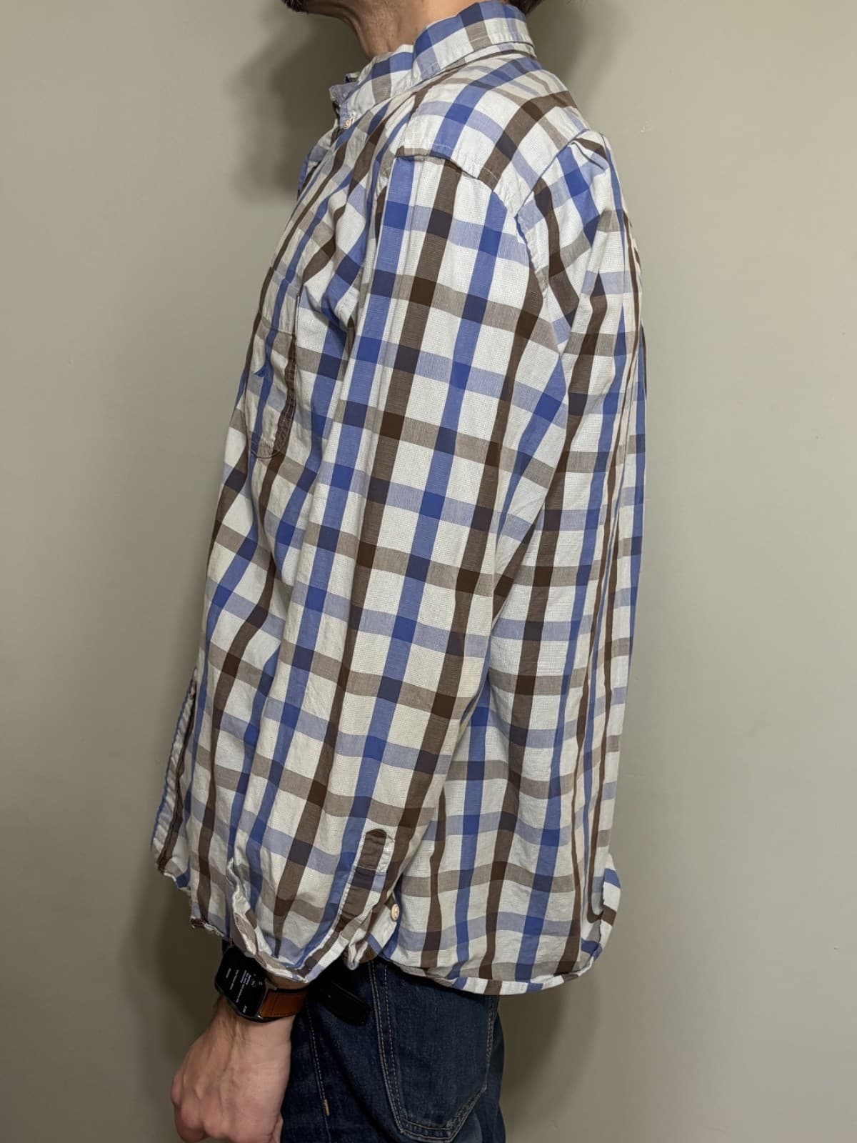 Nautica Button Down Shirt Mens Large Blue Brown Plaid Long Sleeve Cotton - Thumbnail 5