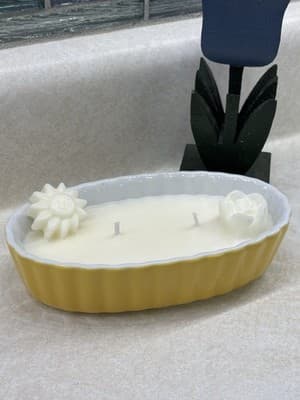 Vintage Yellow Ceramic Floral Soy Candle – Vanilla Scent Hand Poured - Thumbnail 3