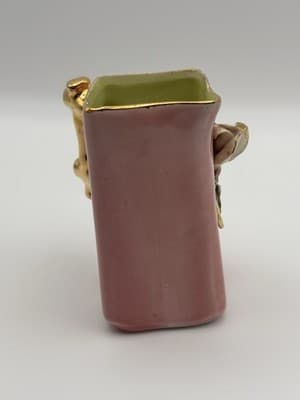 Vintage Miniature Pink Floral Pitcher Ewer Gold Handle Applied Flowers - Thumbnail 6