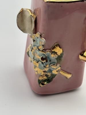Vintage Miniature Pink Floral Pitcher Ewer Gold Handle Applied Flowers - Thumbnail 4