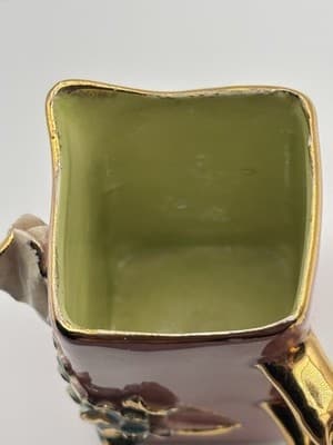 Vintage Miniature Pink Floral Pitcher Ewer Gold Handle Applied Flowers - Thumbnail 3