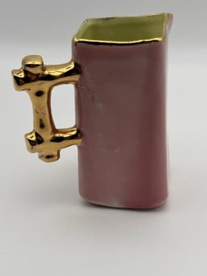 Vintage Miniature Pink Floral Pitcher Ewer Gold Handle Applied Flowers - Thumbnail 5