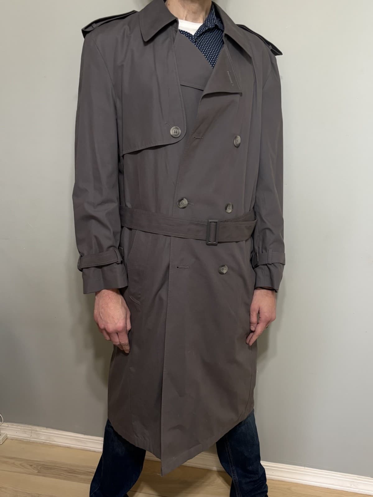 Towncraft Trench Coat Mens 40 Long Gray Belted Lined Double Breasted - Thumbnail 6