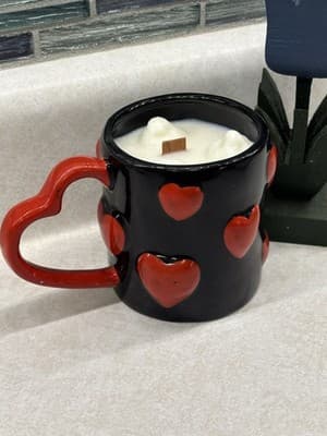 Heart Handle Mug Soy Candle Vanilla Scent Wood Wick Handmade One Of A Kind Ceram - Thumbnail 2