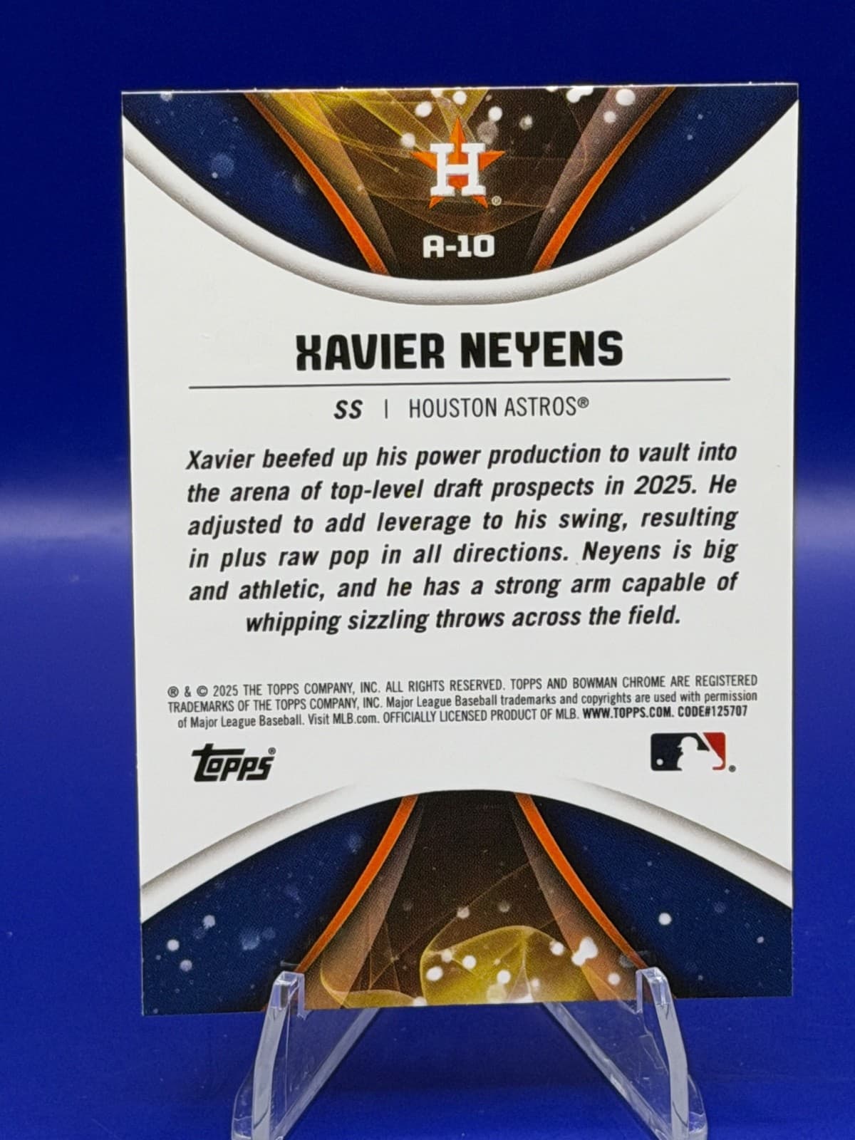2025 Bowman Draft Chrome AXIS Xavier Neyens A-10 Houston Astros Prospect Insert - Thumbnail 2
