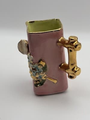 Vintage Miniature Pink Floral Pitcher Ewer Gold Handle Applied Flowers - Thumbnail 7