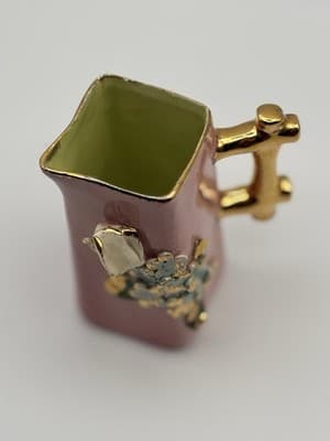 Vintage Miniature Pink Floral Pitcher Ewer Gold Handle Applied Flowers - Thumbnail 2