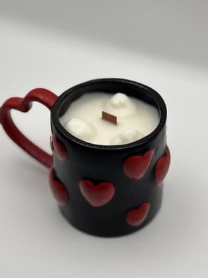 Heart Handle Mug Soy Candle Vanilla Scent Wood Wick Handmade One Of A Kind Ceram - Thumbnail 3