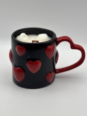 Heart Handle Mug Soy Candle Vanilla Scent Wood Wick Handmade One Of A Kind Ceram - Thumbnail 4