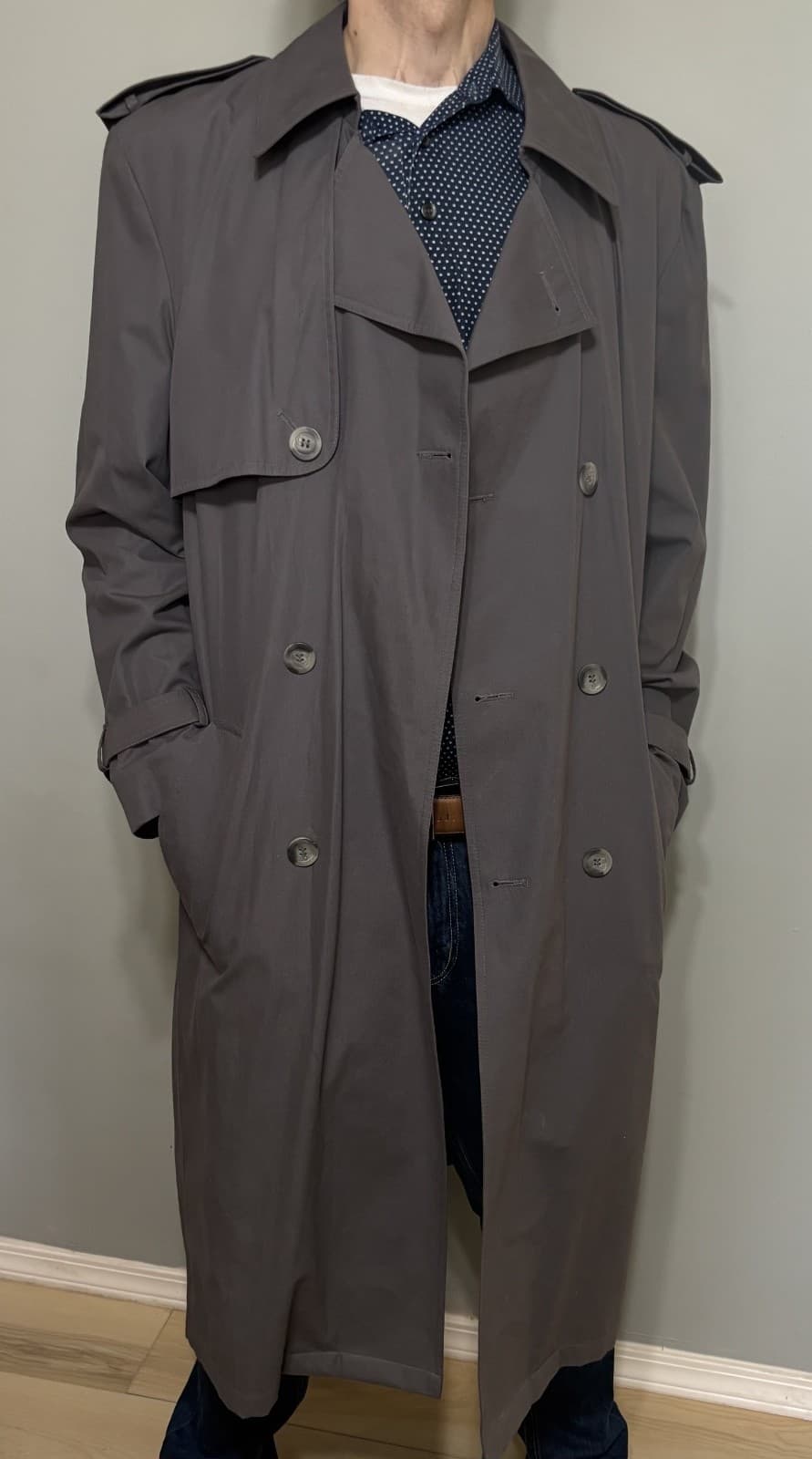 Towncraft Trench Coat Mens 40 Long Gray Belted Lined Double Breasted - Thumbnail 9