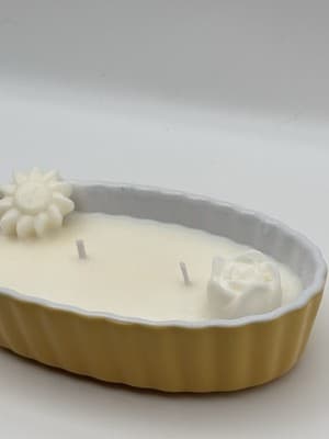 Vintage Yellow Ceramic Floral Soy Candle – Vanilla Scent Hand Poured - Thumbnail 2