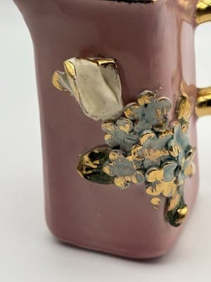 Vintage Miniature Pink Floral Pitcher Ewer Gold Handle Applied Flowers - Thumbnail 8