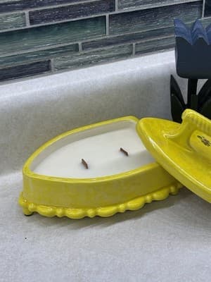 Vintage Yellow Iron Shaped Soy Candle Wood Wicks Handmade One Of A Kind - Thumbnail 2