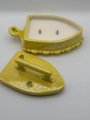 Vintage Yellow Iron Shaped Soy Candle Wood Wicks Handmade One Of A Kind - Thumbnail 4