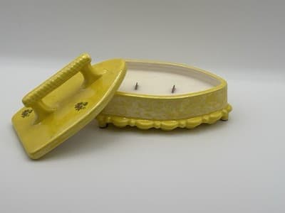 Vintage Yellow Iron Shaped Soy Candle Wood Wicks Handmade One Of A Kind - Thumbnail 3