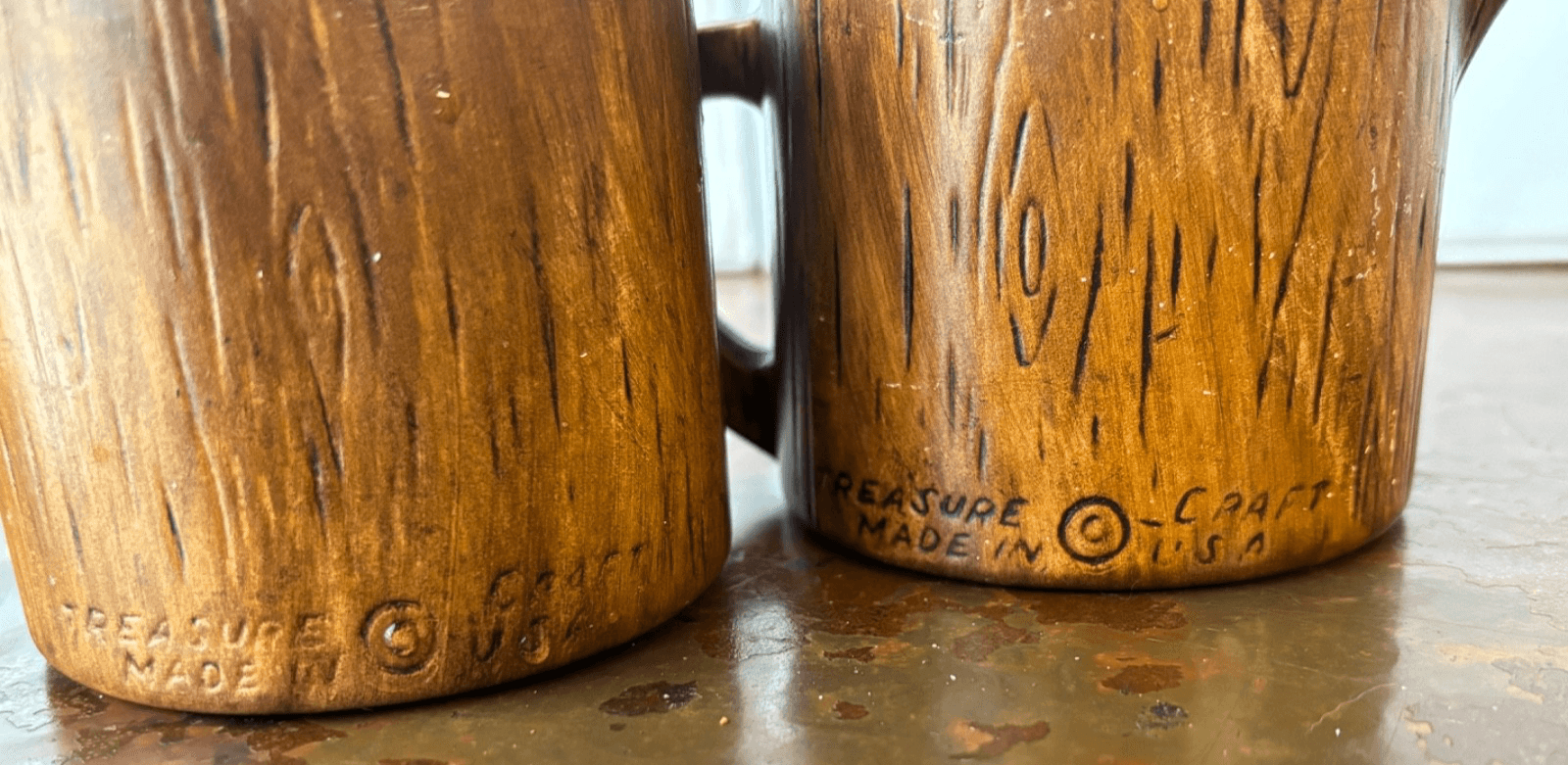 Vintage Treasure Craft Cream Sugar Set Rustic Woodgrain Ceramic Canister NM - Thumbnail 2