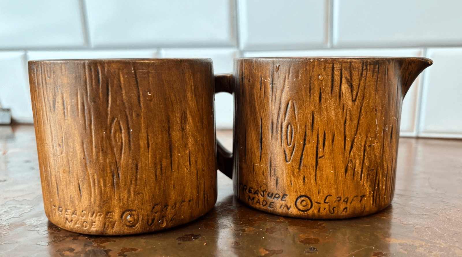 Vintage Treasure Craft Cream Sugar Set Rustic Woodgrain Ceramic Canister NM - Thumbnail 3