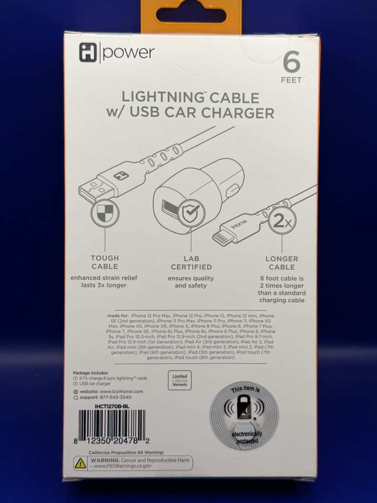 iHome Power 6ft Charging Cable USB Car Charger iPhone iPad iPod New Sealed - Thumbnail 3