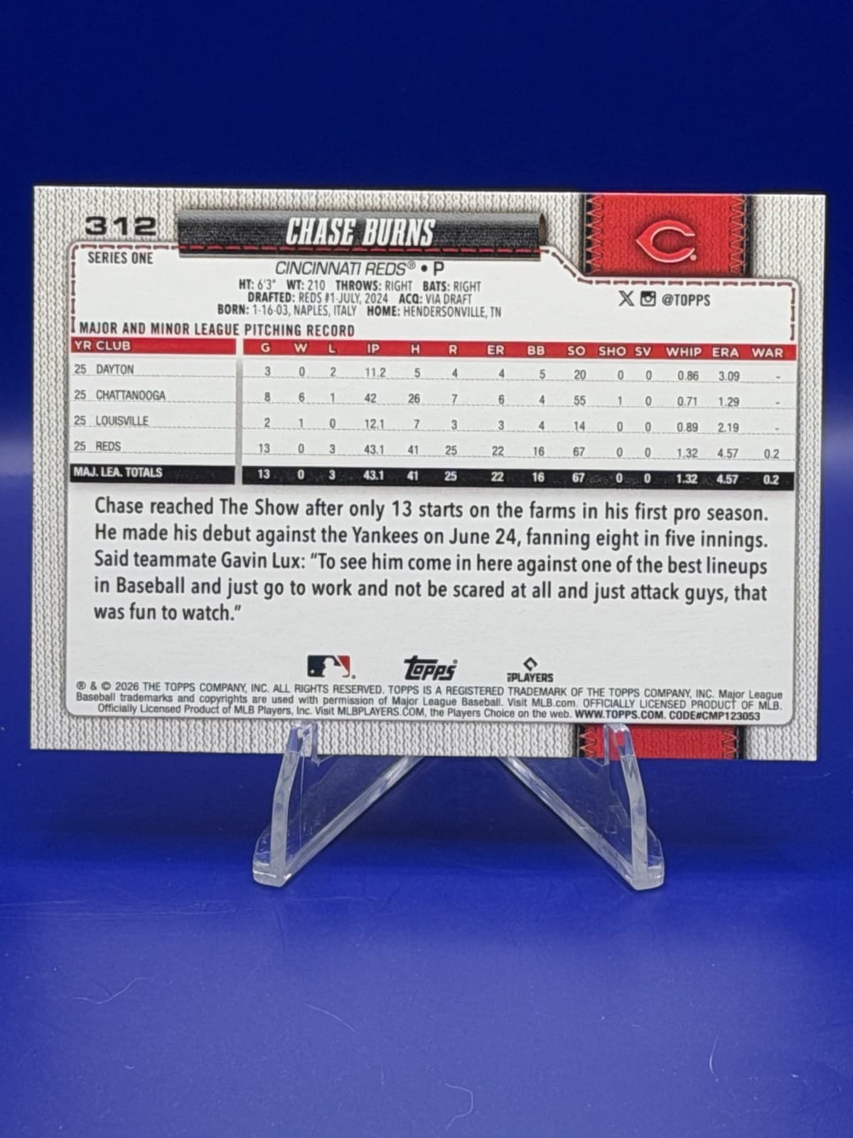 2026 Topps Series 1 Chase Burns RC Rookie #312 Cincinnati Reds - Thumbnail 2